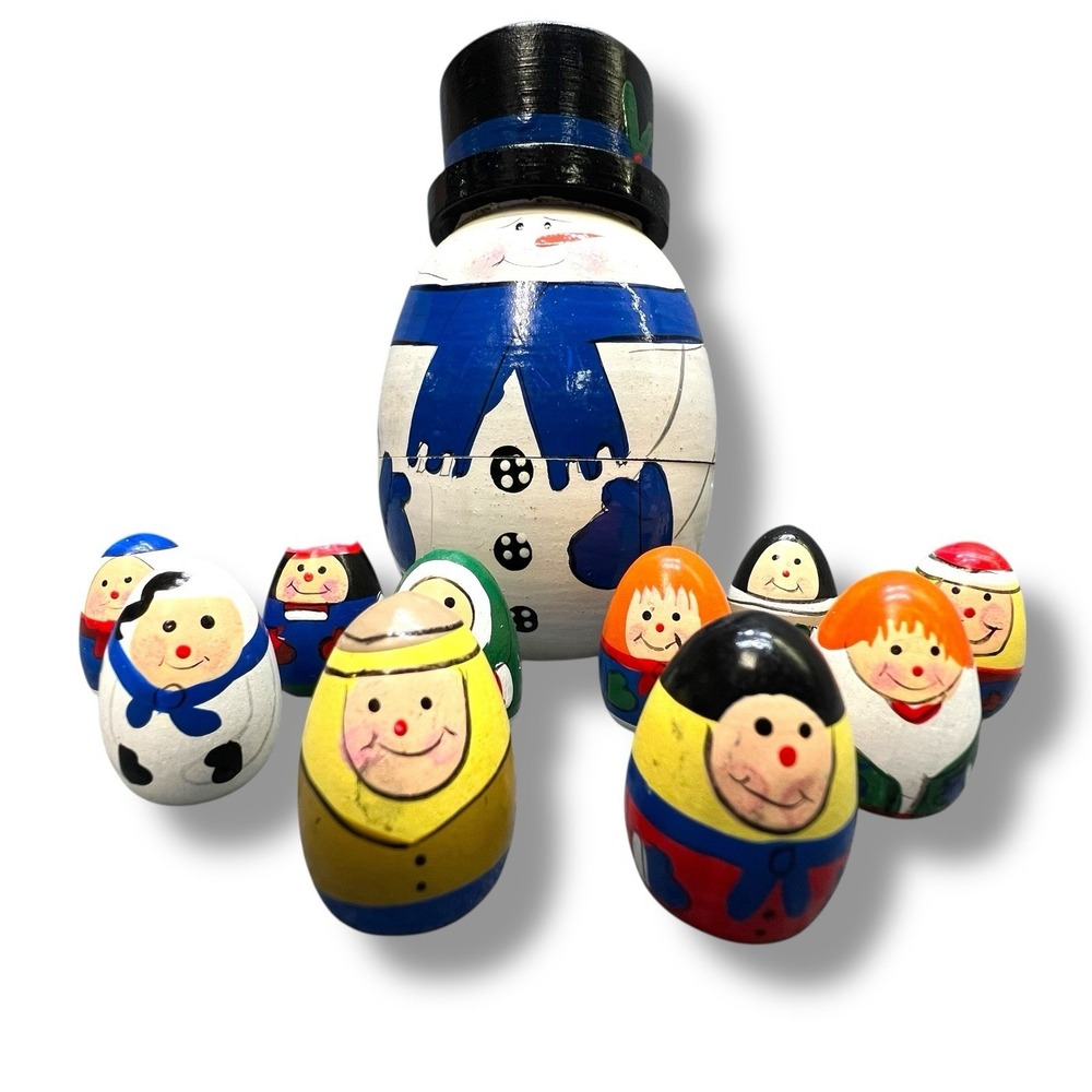 Nesting Snowman Painted Egg Shape Figures Inside Christmas Vintage Wooden